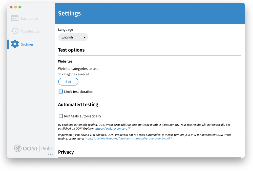Test duration disabled Test duration disabled